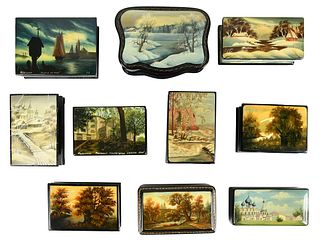 Ten Russian Lacquer Boxes with Landscape Scenes