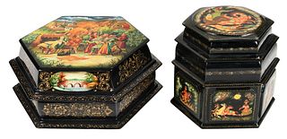 Two Large Hexagonal Russian Lacquer Boxes
