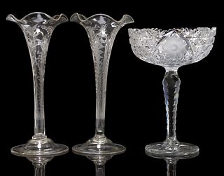 (3) BLOWN & ENGRAVED GLASS TRUMPET VASES & CUT GLASS PEDESTAL COMPOTE