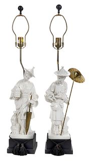 Pair Chinoiserie Blanc de Chine Figural Table Lamps