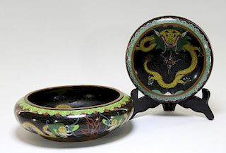 2 Chinese Cloisonne Enamel Matching Dragon Bowls