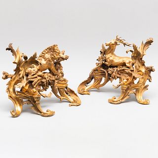 Pair of Louis XV Style Ormolu Chenets Depicting the Boar and Stag