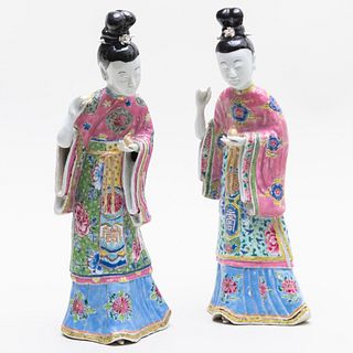 Pair of Chinese Export Porcelain Famille Rose Porcelain Models of Court Ladies