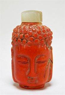 Chinese Carved Corral Buddha Head Snuff Bottle