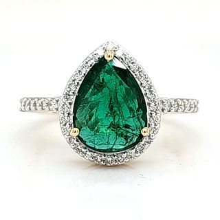 TR-Pear Shaped Zambian Emerald and Diamond Ring