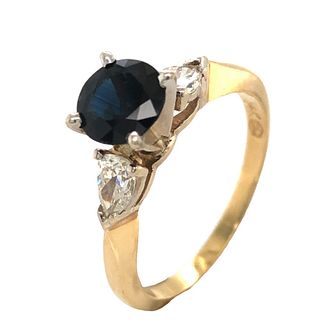 Blue Sapphire Solitaire w/ Pear-Cut Side Diamonds