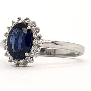 Blue Sapphire & Diamond Halo Princess Ring