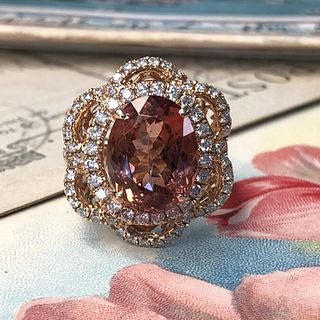 "Peachy" Pink Tourmaline and Diamond Flower-Top Ring
