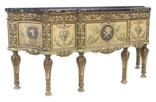 FLORENTINE STYLE MARBLE-TOP PAINTED CONSOLE CABINET