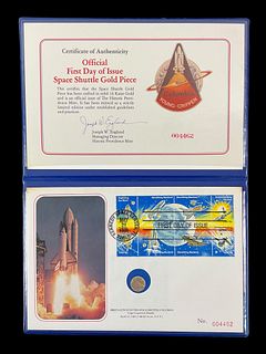 First Day of Issue Cover and Stamp and 14 kt Gold Piece Space Shuttle Columbia COA #1