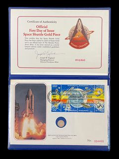 First Day of Issue Cover and Stamp and 14 kt Gold Piece Space Shuttle Columbia COA #2