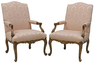 (2) BAKER FURNITURE GEORGE III STYLE UPHOLSTERED OPEN ARMCHAIRS