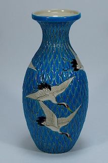 Japanese Satsuma Flying Crane Porcelain Vase