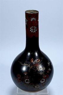 Japanese Black Satsuma Bird Flower Porcelain Vase