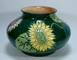 LG Japanese Pottery Floral Sunflower Squat Vase