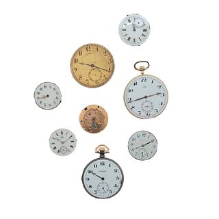 Ocho máquinarias de relojes de bolsillo primera mitad siglo XX. Marcas: 3 Omega, 1 Longines, 1 Waltham, 2 Elgin, 2 sin marca. Mo...