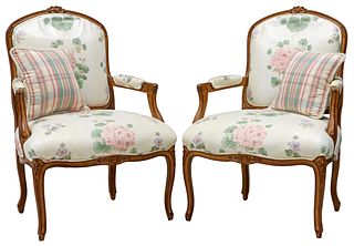 (2) LOUIS XV STYLE UPHOLSTERED FAUTEUILS