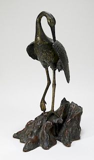 Japanese Meiji Period Bronze Crane Rockery Figure