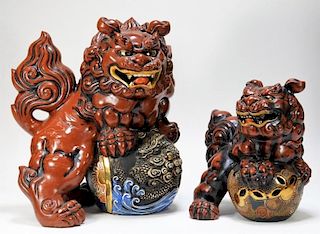 2 Japanese Satsuma Porcelain Foo Lion Statues