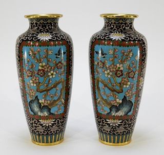 PR Japanese Meiji Period Cloisonne Bird Vases