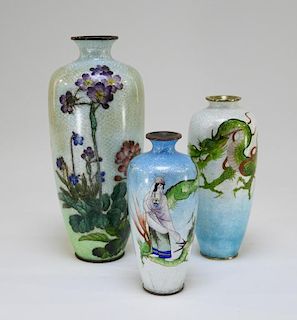 3 Japanese Ginbari Enamel Cloisonne Scenic Vases