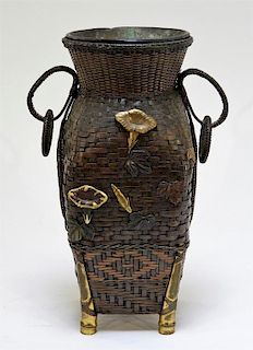Japanese Meiji Bronze Mixed Metal Woven Vase