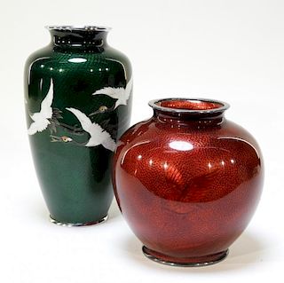 2 Japanese Cloisonne & Ginbari Bamboo Crane Vases