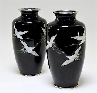 PR Japanese Sato Cloisonne Silver Wire Crane Vases