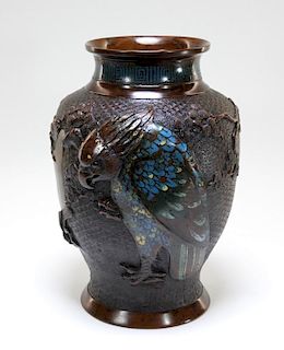 LG Japanese Bronze Champleve Falcon Vase