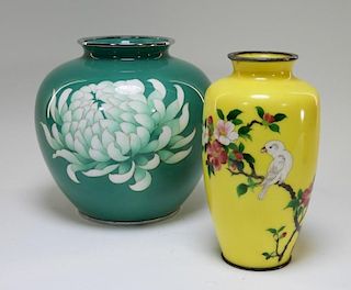 2 Japanese Cloisonne Bird and Floral Vases