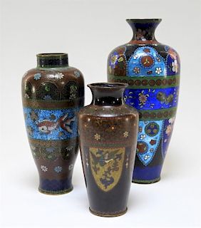 3 Japanese Cloisonne & Ginbari Enamel Vases