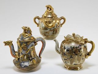 2 Japanese Satsuma Moriage Porcelain Teapots & Jar