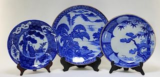 3 Japanese Porcelain Blue & White Chargers