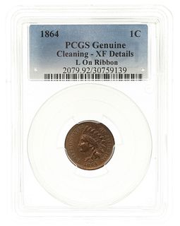 1864 US INDIAN HEAD 1C L ON RIBBON COIN PCGS XF DETAILS