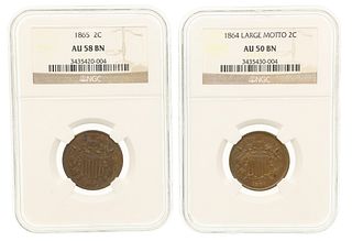 1864 LG MOTTO & 1865 US 2 CENT COINS NGC AU