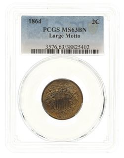 1864 US 2 CENT LARGE MOTTO COIN PCGS MS63BN