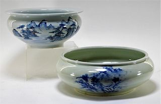 2 LG Japanese Porcelain Blue & White Bowls