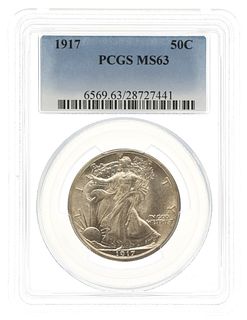 1917 US SILVER WALKING LIBERTY 50C COIN PCGS MS63