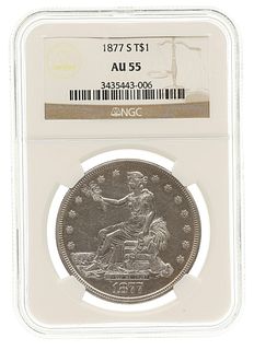 1877-S US SILVER TRADE DOLLAR COIN NGC GRADED AU55
