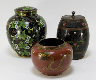 3 Japanese Cloisonne Enamel Jars & Dragon Bowl