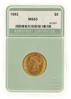 1882 US $5 HALF EAGLE GOLD COIN NTC MS63