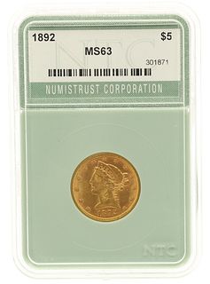 1892 US $5 HALF EAGLE GOLD COIN NTC MS63