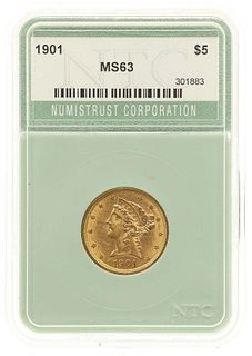 1901 US $5 HALF EAGLE GOLD COIN NTC MS63