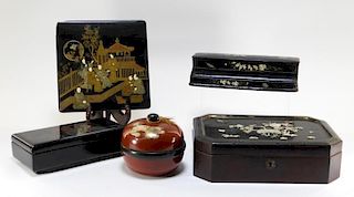 5 Japanese Lacquered Boxes Tea Caddy & Inkwell