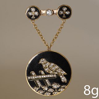 VICTORIAN ENAMEL AND DIAMOND SET MOURNING BROOCH