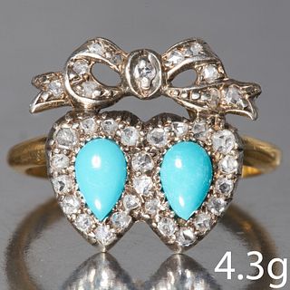 ANTIQUE TURQUOISE AND DIAMOND DOUBLE HEART RING