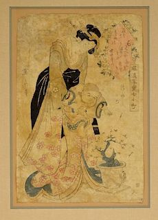 19C Japanese Watercolor Painting of Geisha & Child