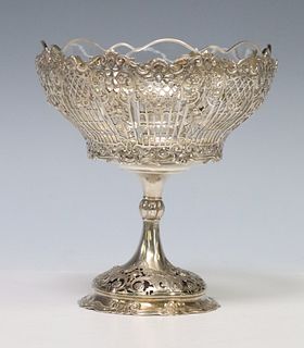 GERMAN .800 SILVER RETICULATED COMPOTE WITH GLASS LINER