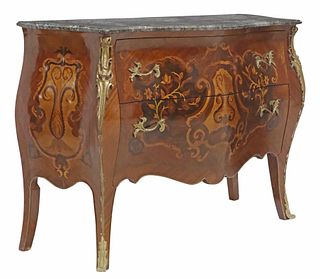 LOUIS XV STYLE MARBLE-TOP MARQUETRY BOMBE COMMODE
