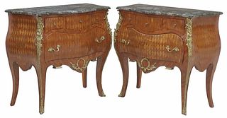 (2) PETITE LOUIS XV STYLE MARBLE-TOP PARQUETRY COMMODES